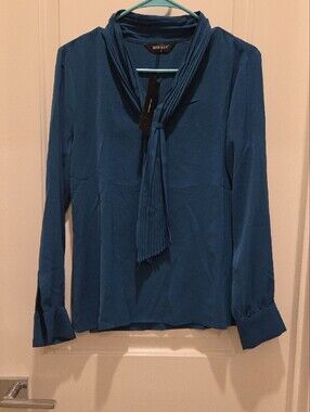 Allegra K Teal Pleated V-Neck Long Sleeve Blouse